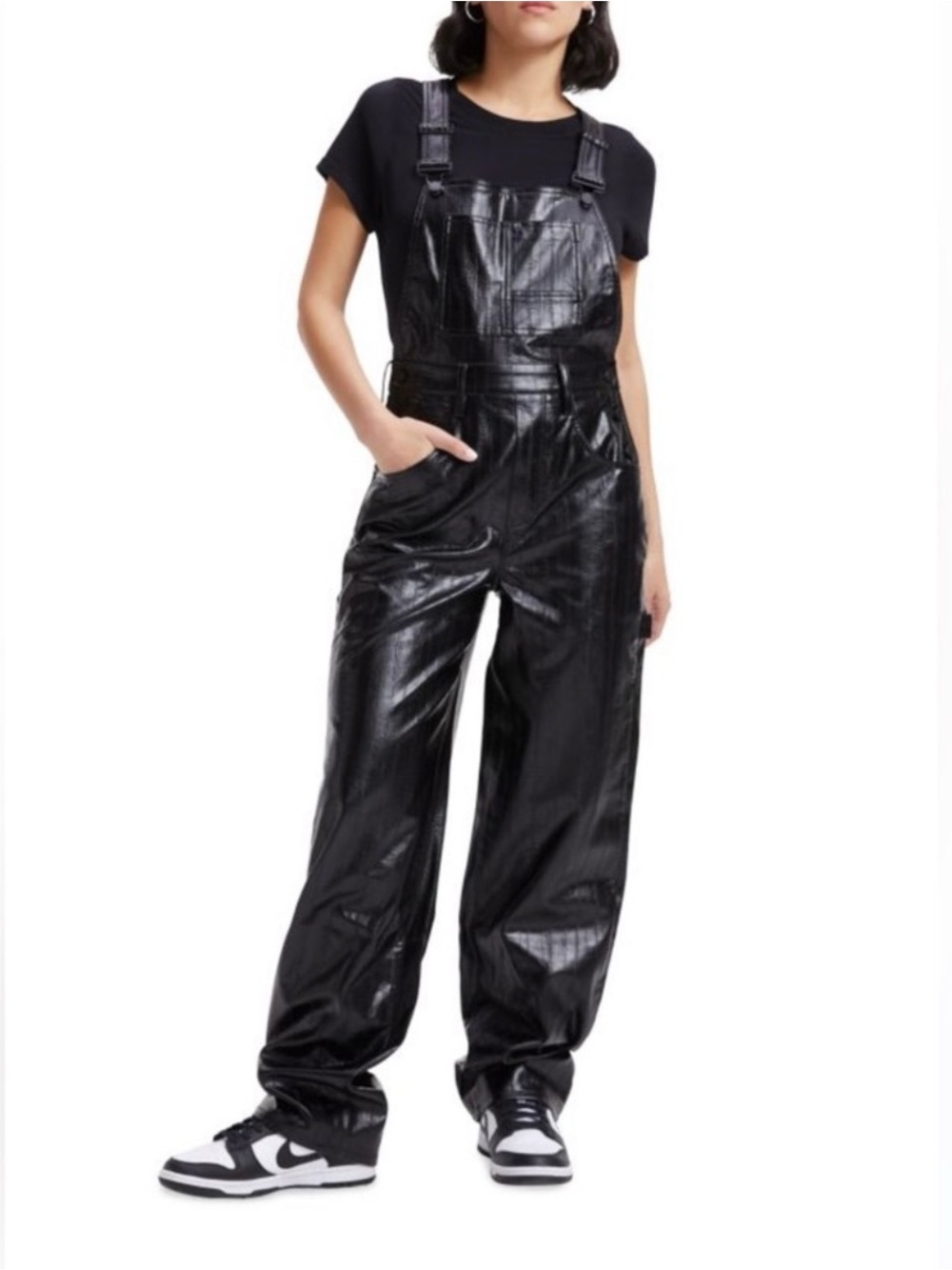 Good American Better Than Leather Overalls Black Eel Finish Size 8 NWT